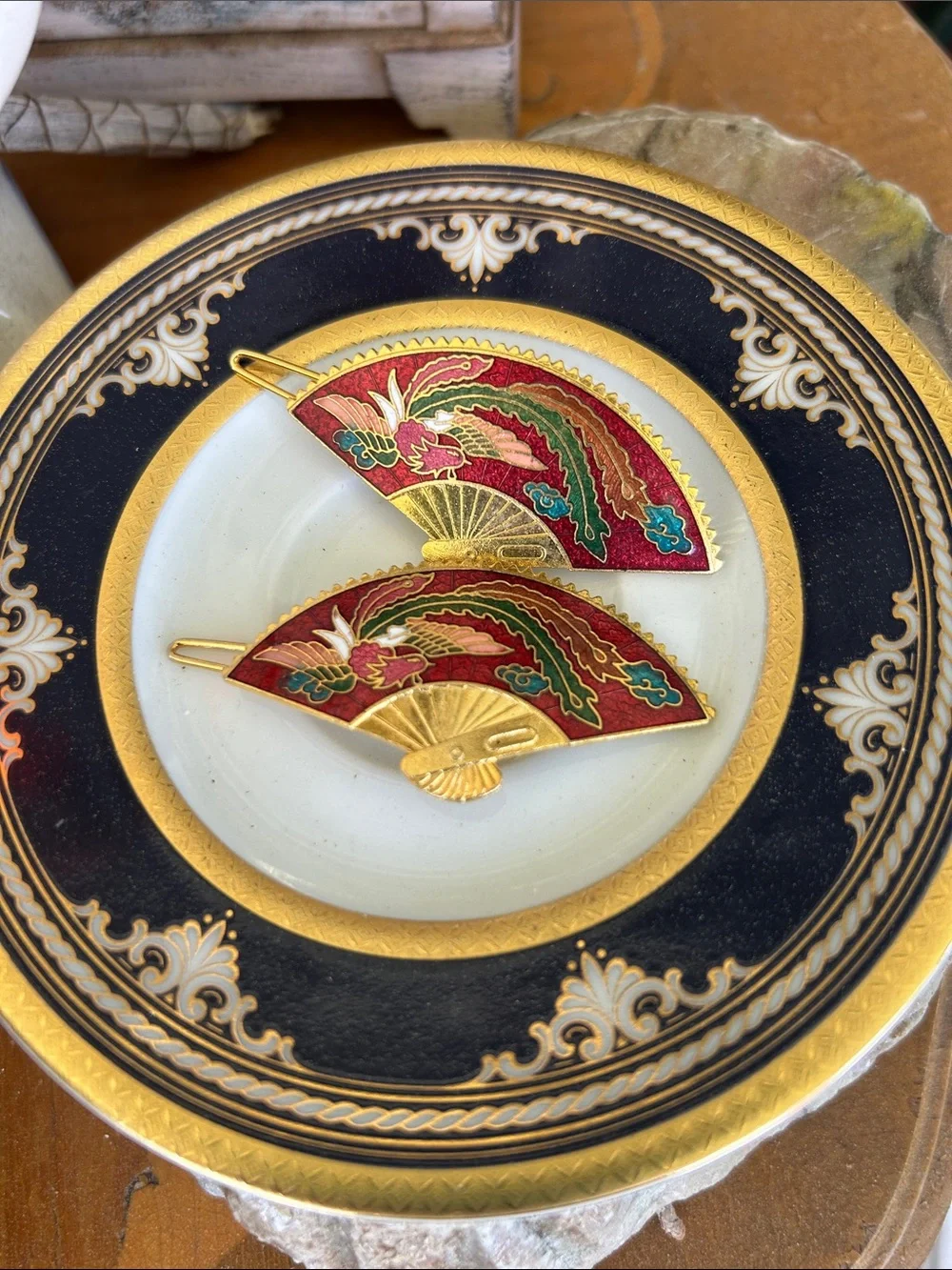Vintage Cloisonné Fan Hair Barrettes
